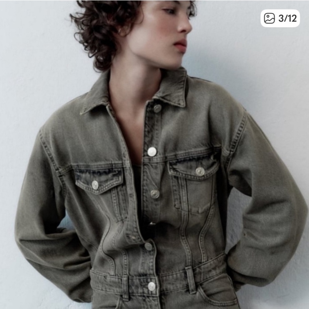 Zara Washed Gray Denim Jumpsuit